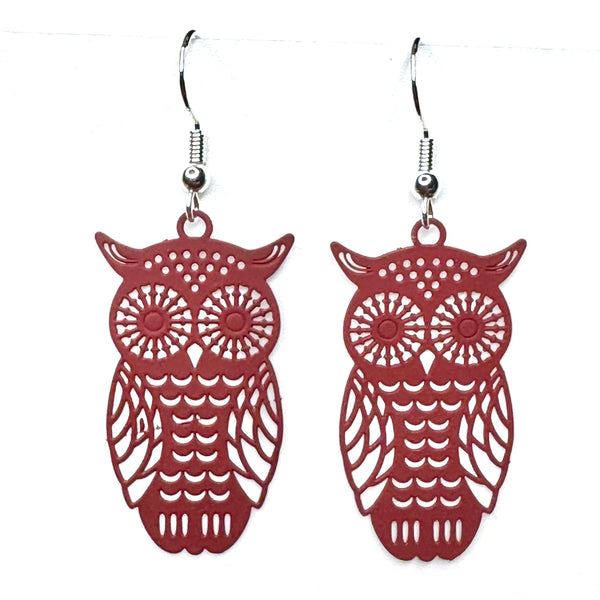 Amy Foxy Style Handmade Earrings - Delicate Filigree Owl Charms: Matte Maroon