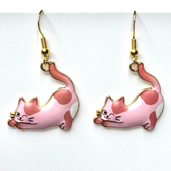 Amy Foxy Style Handmade Earrings - Stretching Cat Charm with Golden Hooks: Pink Calico