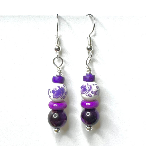 Amy Foxy Style Handmade Earrings - Purple Flower Porcelain with Purple Tiger’s Eye Beads