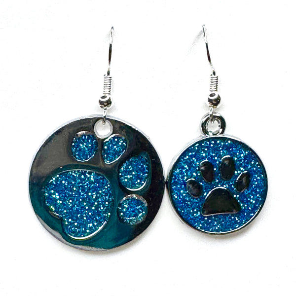 Amy Foxy Style Handmade Earrings - Asymmetrical Glitter Cat Dog Paw Medallions: Bright Blue