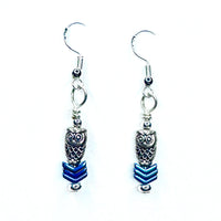 Amy Foxy Style Handmade Earrings - Silver Sleek Owls with Blue Iridescent Arrow Beads