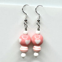 Amy Foxy Style Handmade Earrings -  Pink and White Hearts with Striped Beads
