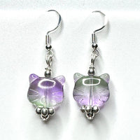 Amy Foxy Style Handmade Earrings - Purple & Green Ombré Glass Cat Face with Round Silver Beads