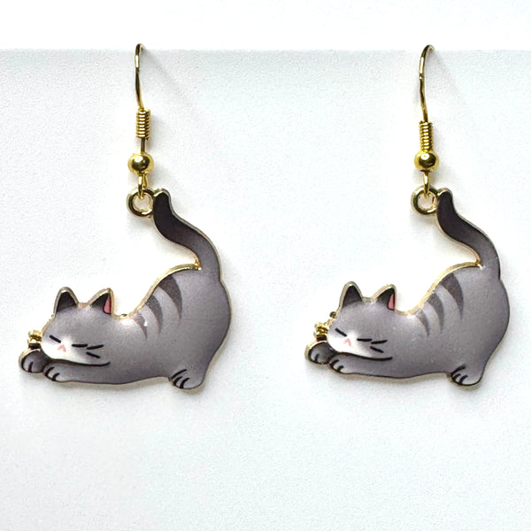 Amy Foxy Style Handmade Earrings - Stretching Cat Charm with Golden Hooks: Gray Stripes