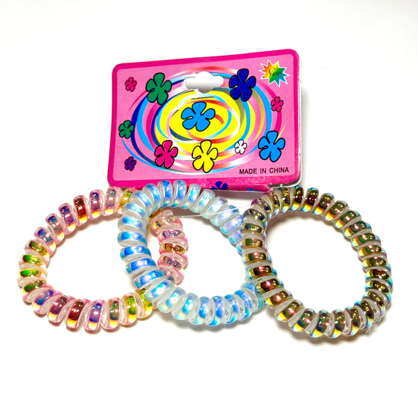 Funteze - Spiral Telephone Cord Hair Ties - Holographic Blue Multi