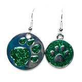 Amy Foxy Style Handmade Earrings - Asymmetrical Glitter Cat Dog Paw Medallions: Bold Green