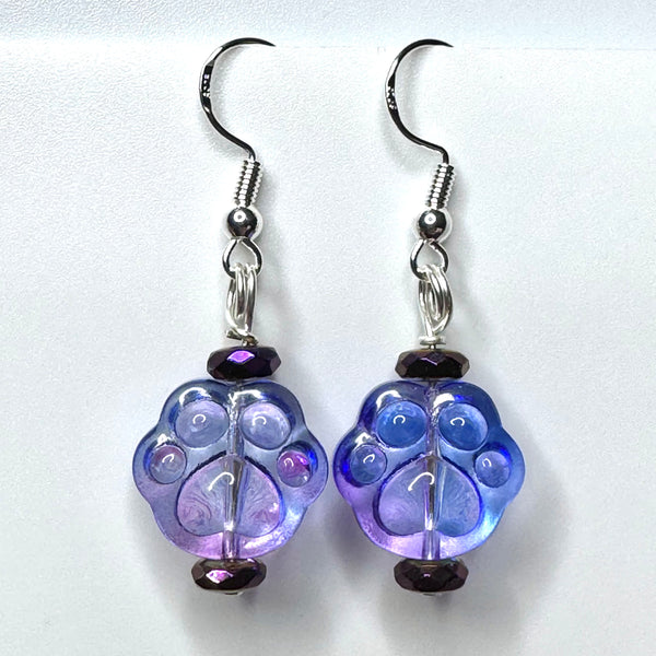 Amy Foxy Style Handmade Earrings - Purple & Blue Ombré Glass Cat Dog Paws with Faceted Magenta Beads