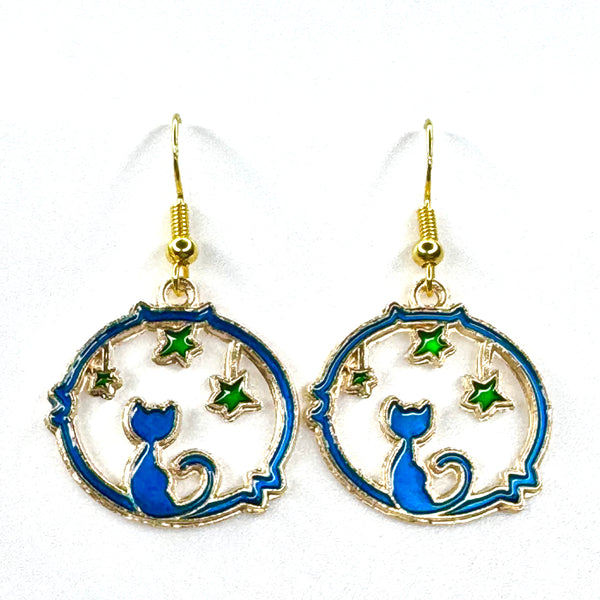 Amy Foxy Style Handmade Earrings - Starry Cat with Golden Hooks