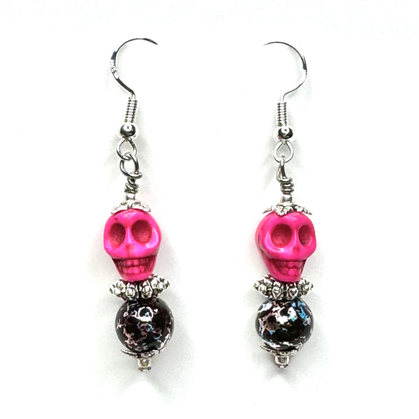 Amy Foxy Style Handmade Earrings - Hot Pink Skull and Black Splatter Beads