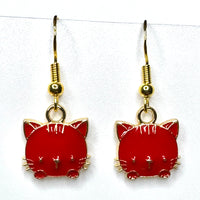 Amy Foxy Style Handmade Earrings - Little Cat Face Charms with Golden Hooks: Red