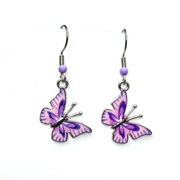 Amy Foxy Style Handmade Earrings - Butterfly Charms: Angled Pink and Purple with Purple Accent Beads
