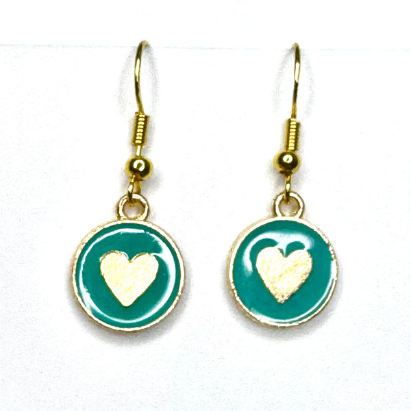 Amy Foxy Style Handmade Earrings - Little Heart Circle Charms with Golden Hooks: Teal