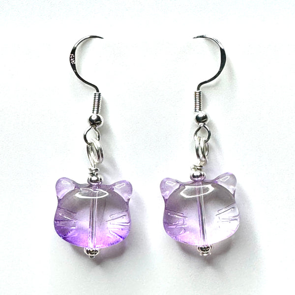 Amy Foxy Style Handmade Earrings - Lavender Ombré Glass Cat Face with Silver Beads