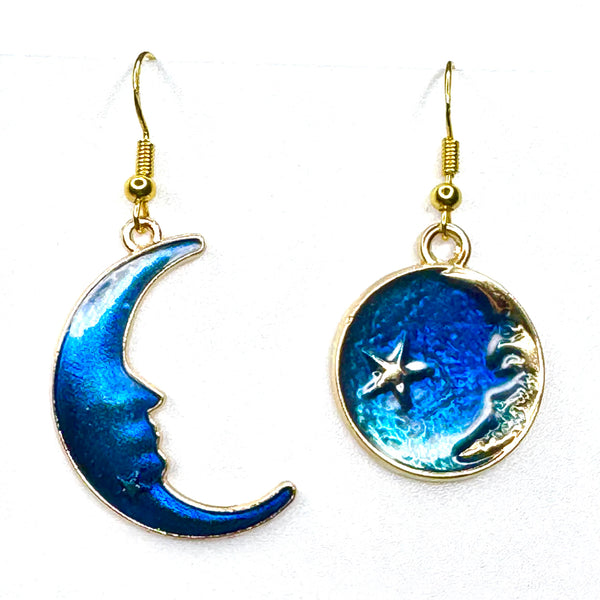 Amy Foxy Style Handmade Earrings - Asymmetrical Blue Crescent Moon and Planet with Star with Golden Hooks