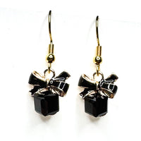 Amy Foxy Style Handmade Earrings - Cubic Rhinestone Present with Enamel Bow Charm with Golden Hooks: Black