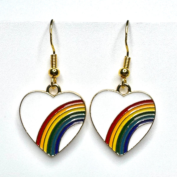 Amy Foxy Style Handmade Earrings - Rainbow Heart Charms with Golden Hooks: White