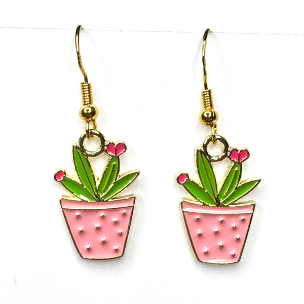 Amy Foxy Style Handmade Earrings - Potted Plant Charms with Golden Hooks: Pink