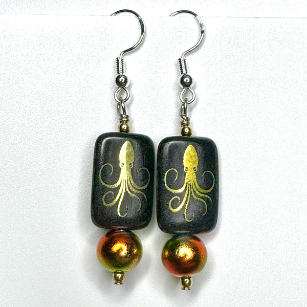 Amy Foxy Style Handmade Earrings - Iridescent Squid Silhouette and Golden Round Beads
