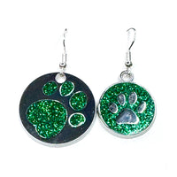 Amy Foxy Style Handmade Earrings - Asymmetrical Glitter Cat Dog Paw Medallions: Bold Green