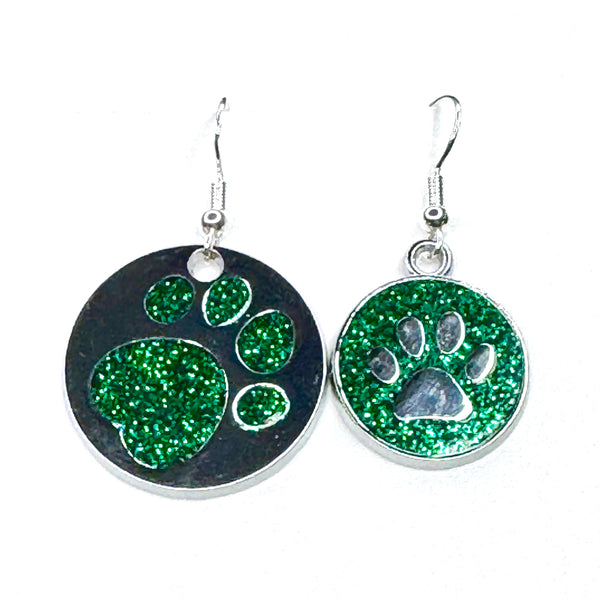 Amy Foxy Style Handmade Earrings - Asymmetrical Glitter Cat Dog Paw Medallions: Bold Green