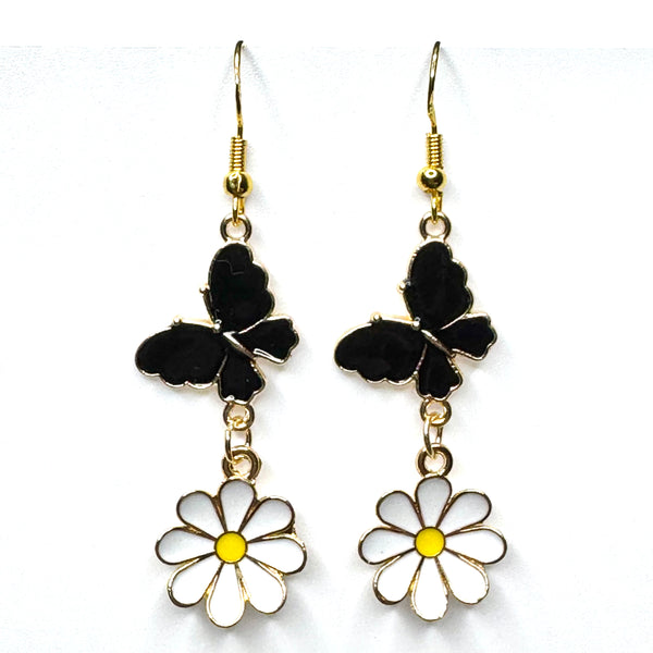 Amy Foxy Style Handmade Earrings - Double Dangle Butterfly and Daisy Flower Charms with Golden Hooks: Black and White