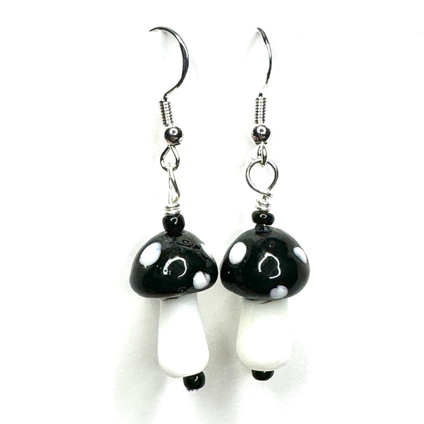 Amy Foxy Style Handmade Earrings - Glass Mushroom Beads: Black