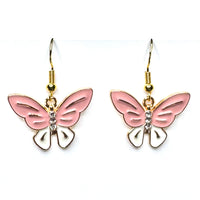 Amy Foxy Style Handmade Earrings - Butterfly Charms with Golden Hooks: Pink and White with Rhinestones