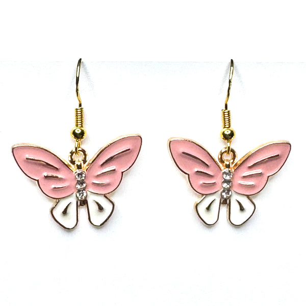 Amy Foxy Style Handmade Earrings - Butterfly Charms with Golden Hooks: Pink and White with Rhinestones