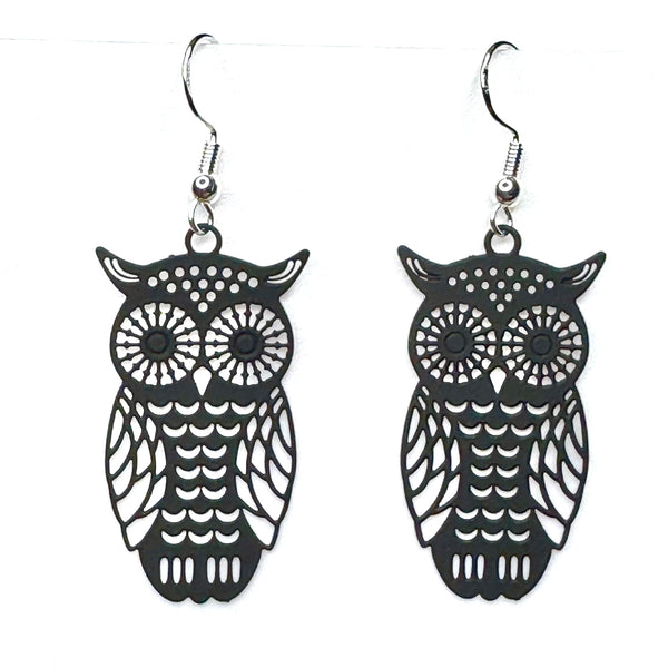 Amy Foxy Style Handmade Earrings - Delicate Filigree Owl Charms: Matte Black