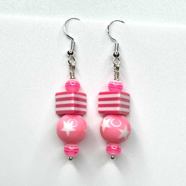 Amy Foxy Style Handmade Earrings - Bright Pink and White Stars with Striped Triangle Beads