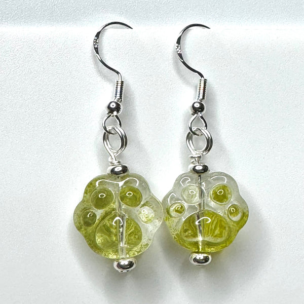 Amy Foxy Style Handmade Earrings - Olive Green Ombré Glass Cat Dog Paws with Rondelle Silver Beads