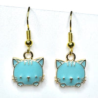 Amy Foxy Style Handmade Earrings - Little Cat Face Charms with Golden Hooks: Blue