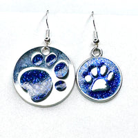 Amy Foxy Style Handmade Earrings - Asymmetrical Glitter Cat Dog Paw Medallions: Royal Blue