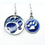 Amy Foxy Style Handmade Earrings - Asymmetrical Glitter Cat Dog Paw Medallions: Royal Blue
