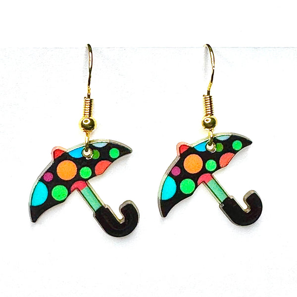 Amy Foxy Style Handmade Earrings - Umbrella Charms with Golden Hooks: Black Multi Dots