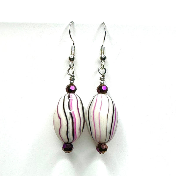 Amy Foxy Style Handmade Earrings - White Purple Black Striped Oval Beads