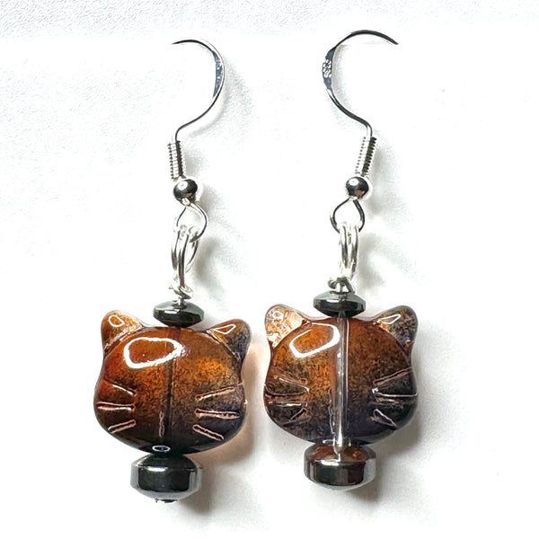 Amy Foxy Style Handmade Earrings - Calico Ombré Glass Cat Face with Hematite Beads