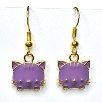 Amy Foxy Style Handmade Earrings - Little Cat Face Charms with Golden Hooks: Purple