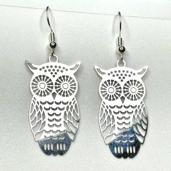 Amy Foxy Style Handmade Earrings - Delicate Filigree Owl Charms: Metallic Silver