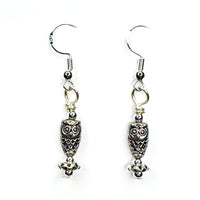 Amy Foxy Style Handmade Earrings - Silver Sleek Owls with Silver Beads