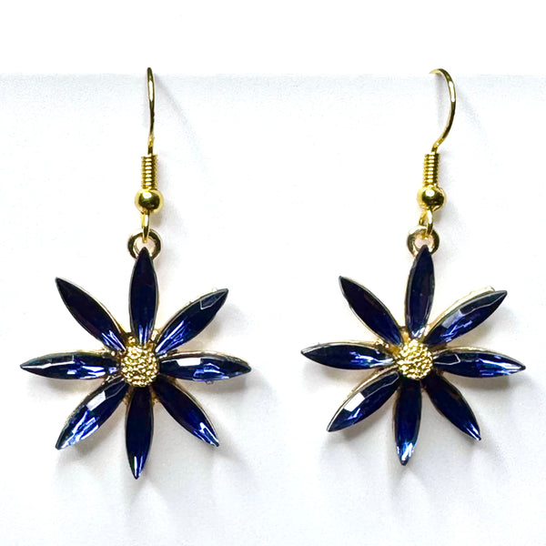 Amy Foxy Style Handmade Earrings - Rhinestone Flower Charms with Golden Hooks: Navy Blue