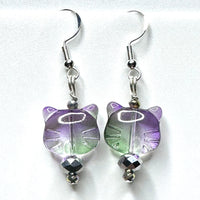 Amy Foxy Style Handmade Earrings - Purple & Green Ombré Glass Cat Face with Faceted Silver Beads