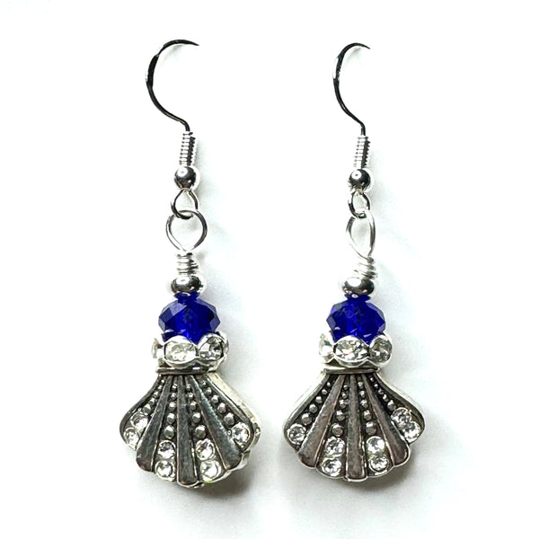 Amy Foxy Style Handmade Earrings Rhinestone Fan Seashell and Faceted Deep Blue and Clear Rondelle Beads