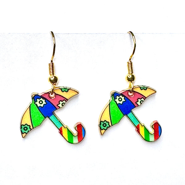 Amy Foxy Style Handmade Earrings - Umbrella Charms with Golden Hooks: Rainbow Flowers