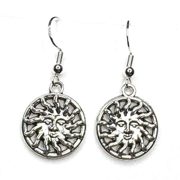 Amy Foxy Style Handmade Earrings - Celestial Silver Charms: Medallion Face Sun