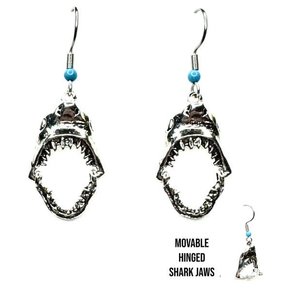 Amy Foxy Style Handmade Earrings - Movable Hinged Shark Jaw Silver Charms