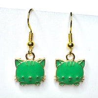 Amy Foxy Style Handmade Earrings - Little Cat Face Charms with Golden Hooks: Green