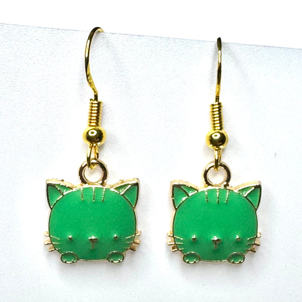 Amy Foxy Style Handmade Earrings - Little Cat Face Charms with Golden Hooks: Green