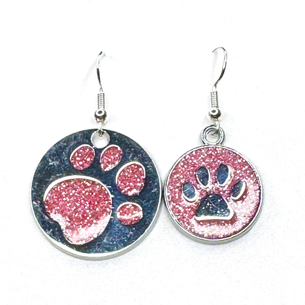 Amy Foxy Style Handmade Earrings - Asymmetrical Glitter Cat Dog Paw Medallions: Pink