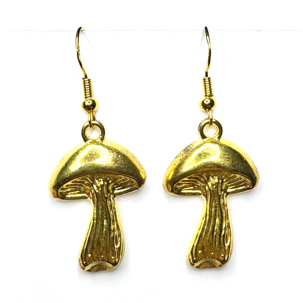 Amy Foxy Style Handmade Earrings - Mushroom Charms with Golden Hooks: Shiny Gold